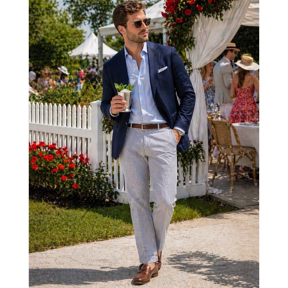 Haspel Frank Stella Seersucker Pants 34x29 Blue White Stripe Summer Wedding